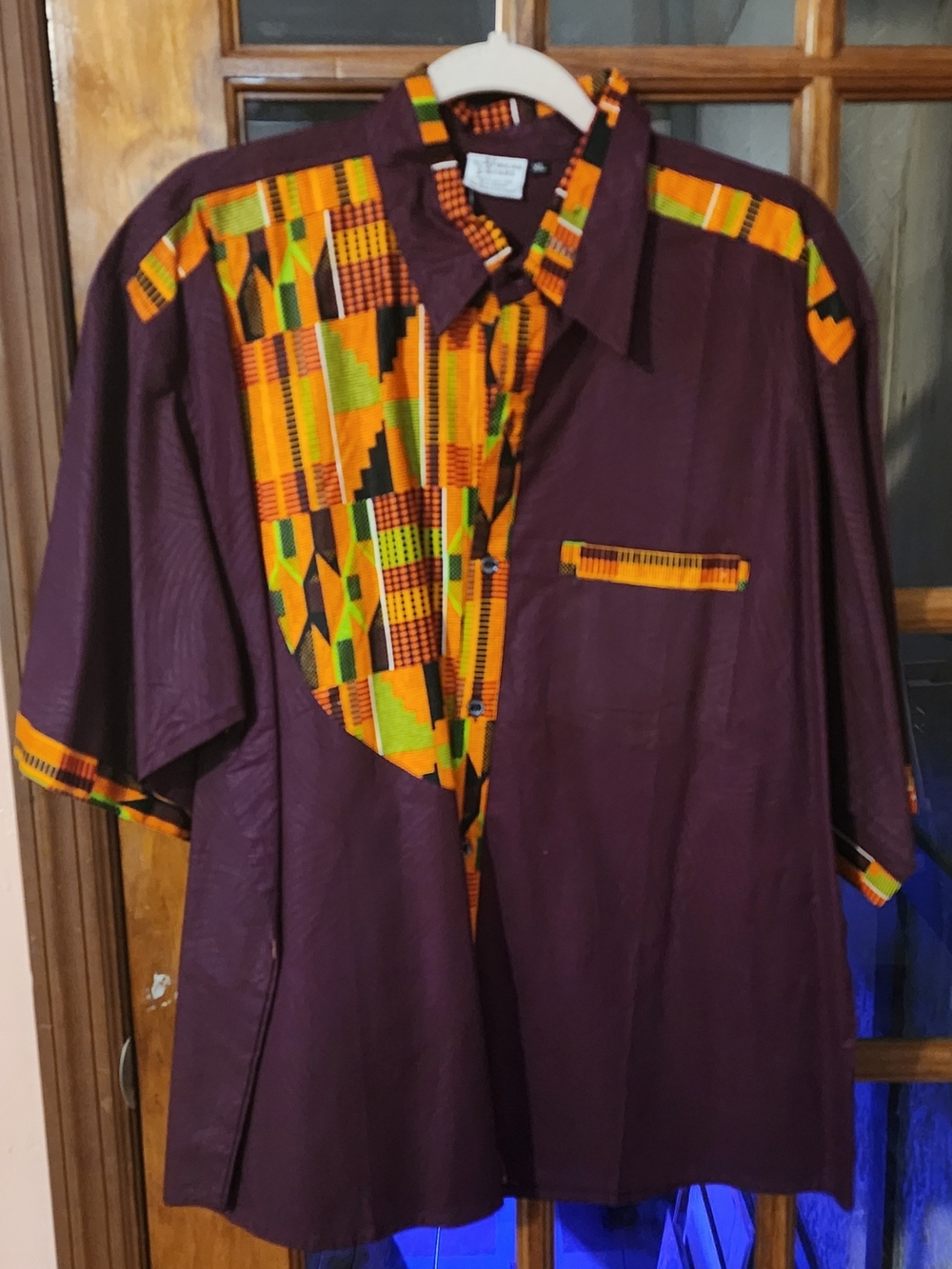 Purple Men’s Short-Sleeve Dress Shirt with Kente-Inspired Trim